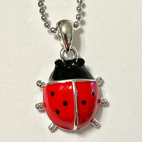 Silver Red Ladybug Pendant Necklace Crystal Plated 17" Chain Insect Enamel - Picture 9 of 11